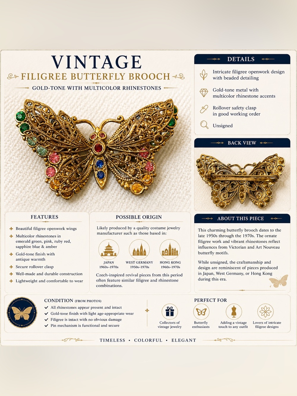 Vintage West Germany Style Filigree Butterfly Brooch with Multicolor Rhinestones